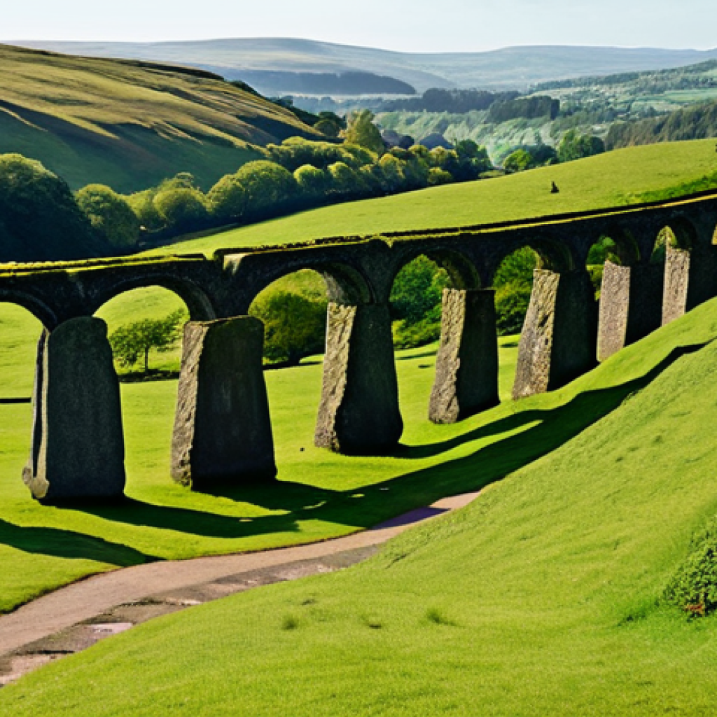 A serene landscape view of ancient Britannia, depicting a blend of historical eras. In the foreground, moss-covered Celtic standing stones rise majestically. In the mid-ground, a perfectly preserved Roman aqueduct stretches across a valley, with hints of a paved Roman road winding through the lush green hills. A lone, fully clothed historian, observing the scene, stands humbly in the distance, wearing modest, appropriate attire. The setting sun casts a warm, golden glow, highlighting the rich textures of stone and natural foliage. Perfect anatomy, correct proportions, natural pose, well-formed hands, proper finger count, natural body proportions, safe for work, appropriate content, fully clothed, professional, family-friendly, high-quality.