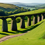 A serene landscape view of ancient Britannia, depicting a blend of historical eras. In the foreground, moss-covered Celtic standing stones rise majestically. In the mid-ground, a perfectly preserved Roman aqueduct stretches across a valley, with hints of a paved Roman road winding through the lush green hills. A lone, fully clothed historian, observing the scene, stands humbly in the distance, wearing modest, appropriate attire. The setting sun casts a warm, golden glow, highlighting the rich textures of stone and natural foliage. Perfect anatomy, correct proportions, natural pose, well-formed hands, proper finger count, natural body proportions, safe for work, appropriate content, fully clothed, professional, family-friendly, high-quality.