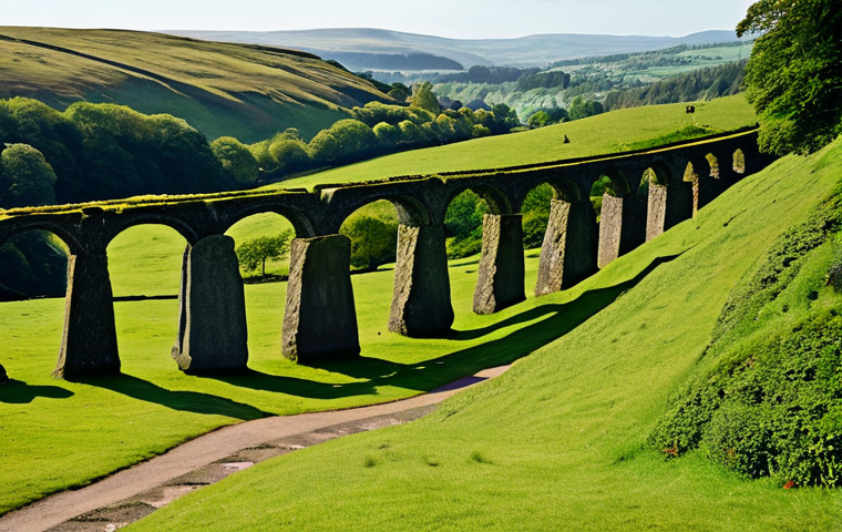 A serene landscape view of ancient Britannia, depicting a blend of historical eras. In the foreground, moss-covered Celtic standing stones rise majestically. In the mid-ground, a perfectly preserved Roman aqueduct stretches across a valley, with hints of a paved Roman road winding through the lush green hills. A lone, fully clothed historian, observing the scene, stands humbly in the distance, wearing modest, appropriate attire. The setting sun casts a warm, golden glow, highlighting the rich textures of stone and natural foliage. Perfect anatomy, correct proportions, natural pose, well-formed hands, proper finger count, natural body proportions, safe for work, appropriate content, fully clothed, professional, family-friendly, high-quality.