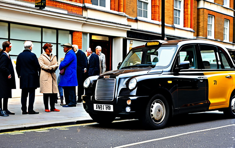 **
"A classic London black cab waits at a taxi rank outside Paddington Station, fully clothed passengers boarding, appropriate attire, safe for work, daytime, perfect anatomy, correct proportions, professional photography, high quality, family-friendly"
**