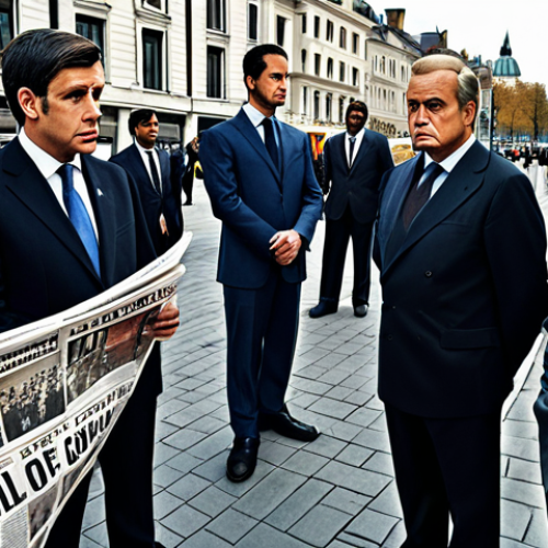Home 8 Royal Scandal & Public Disapproval**
"A group of diverse citizens looking concerned and disapproving, gathered around newspapers with headlines about royal scandals, set in a modern city square, appropriate attire, fully clothed, safe for work, perfect anatomy, correct proportions, family-friendly, professional illustration."
**