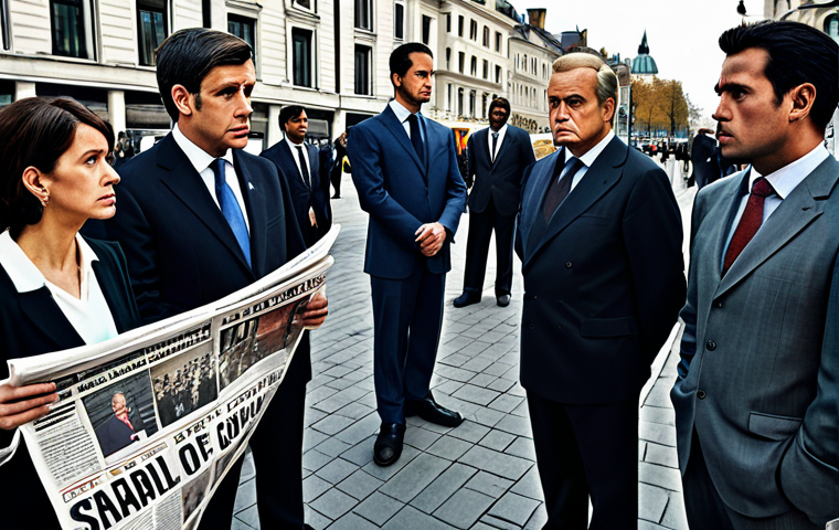 Royal Scandal & Public Disapproval**
"A group of diverse citizens looking concerned and disapproving, gathered around newspapers with headlines about royal scandals, set in a modern city square, appropriate attire, fully clothed, safe for work, perfect anatomy, correct proportions, family-friendly, professional illustration."
**
