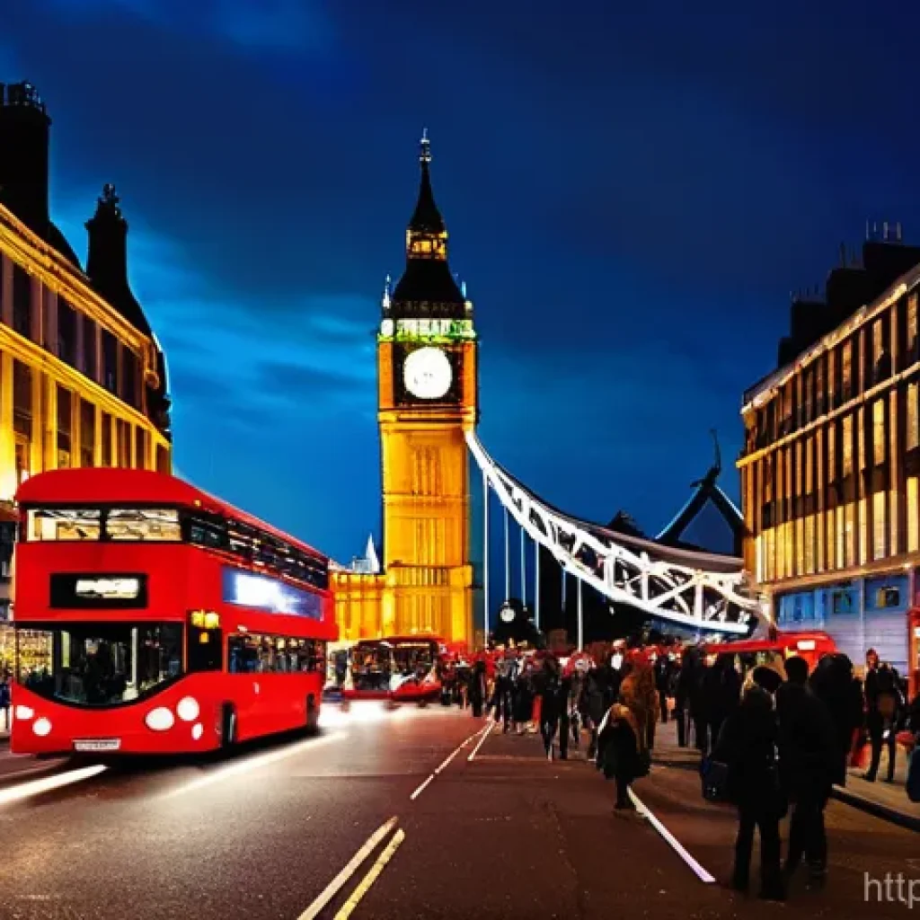 런던 야간 치안 상황 - **Prompt 1:** A vibrant, bustling night scene in London, showcasing iconic landmarks such as the ill...