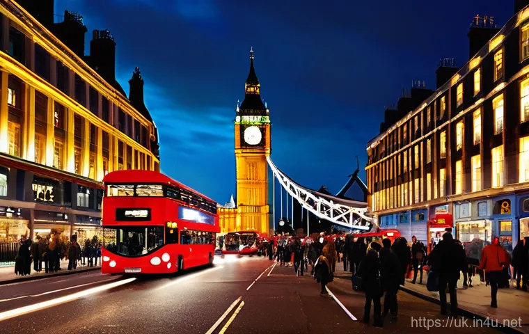 런던 야간 치안 상황 - **Prompt 1:** A vibrant, bustling night scene in London, showcasing iconic landmarks such as the ill...