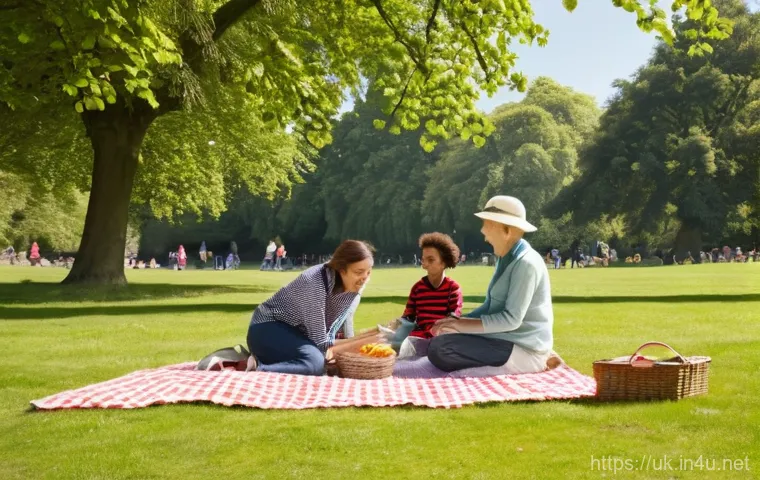 주말에 문 닫는 영국 상점 - A heartwarming scene of a diverse British family (parents, two children, and grandparents) enjoying ...