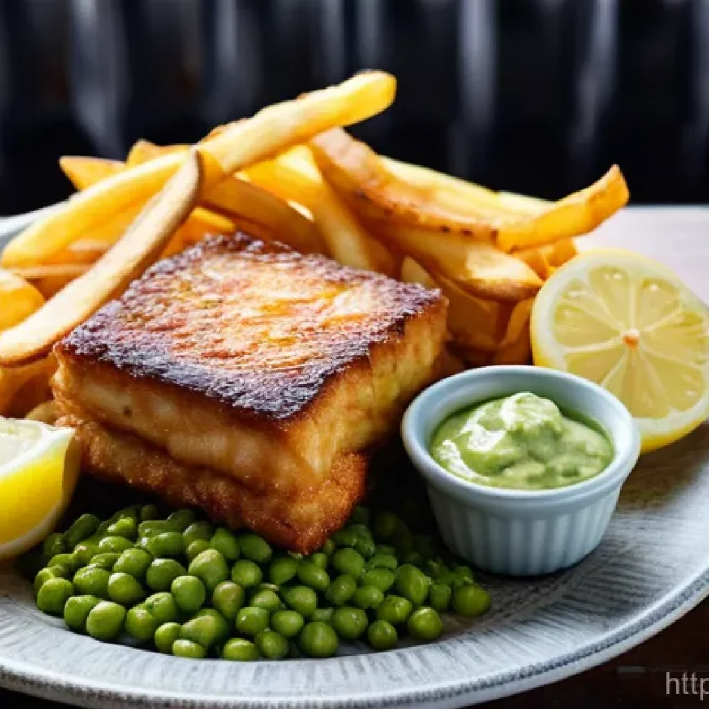 비건을 위한 영국 전통 요리 - **Prompt:** A cozy, warm-lit interior of a traditional British pub in London, bustling with a divers...