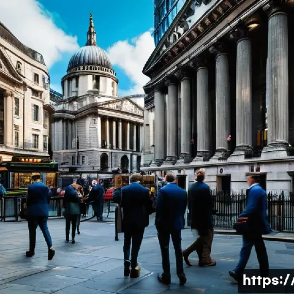 영국의 금융 위기 사례 - **Prompt:** A vivid, bustling scene depicting the London Stock Exchange or a busy financial street i...