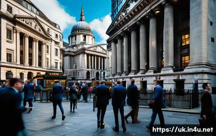 영국의 금융 위기 사례 - **Prompt:** A vivid, bustling scene depicting the London Stock Exchange or a busy financial street i...