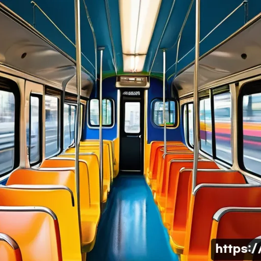 아이작 뉴턴의 법칙 정리 - **Prompt 1 (Inertia):** A vibrant and dynamic illustration of the interior of a modern city bus expe...