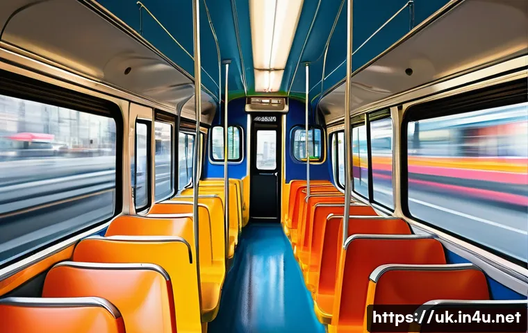 아이작 뉴턴의 법칙 정리 - **Prompt 1 (Inertia):** A vibrant and dynamic illustration of the interior of a modern city bus expe...