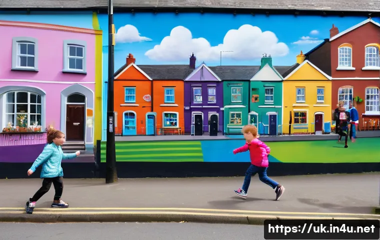 아일랜드 분쟁과 굿프라이데이 협정 - A detailed street scene in Northern Ireland showing children of diverse religious backgrounds—Cathol...