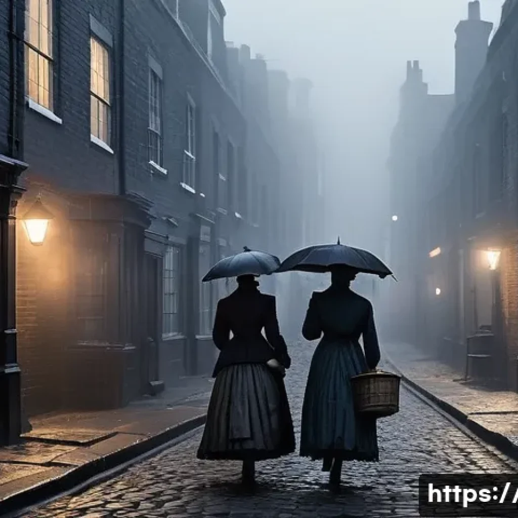 빅토리아 시대 연쇄살인범 잭 더 리퍼 - A dark, foggy Victorian London street scene in Whitechapel at night, narrow cobblestone alleys lined...