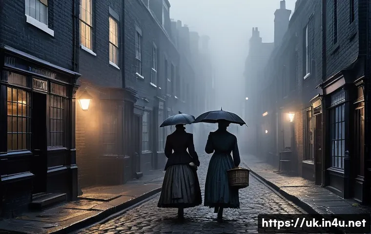빅토리아 시대 연쇄살인범 잭 더 리퍼 - A dark, foggy Victorian London street scene in Whitechapel at night, narrow cobblestone alleys lined...