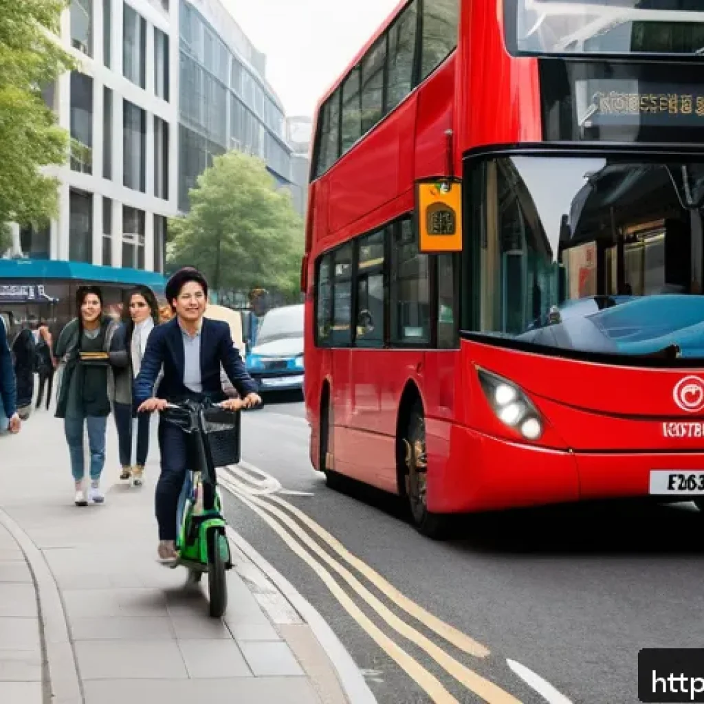런던 사람들의 출퇴근 패턴 - A vibrant early morning scene in London showing diverse commuters using various eco-friendly transpo...