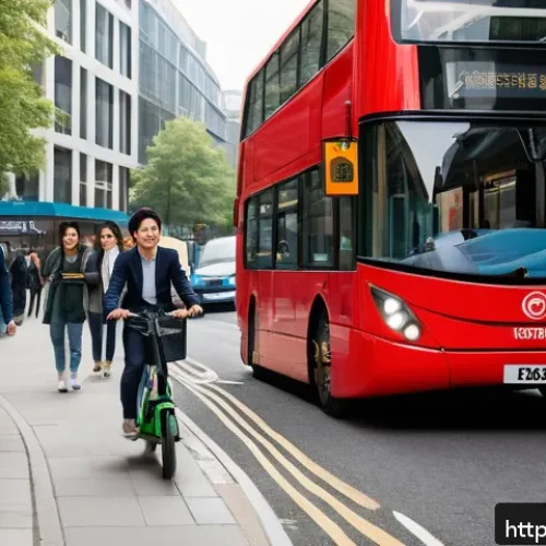 Home 31 런던 사람들의 출퇴근 패턴 - A vibrant early morning scene in London showing diverse commuters using various eco-friendly transpo...