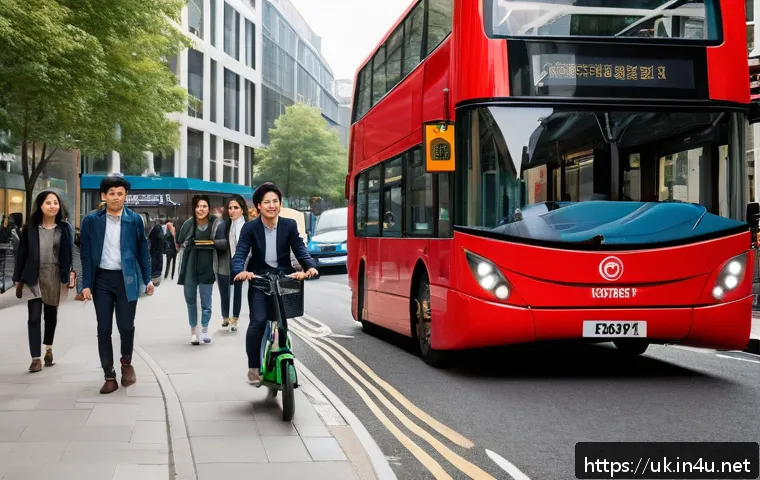 런던 사람들의 출퇴근 패턴 - A vibrant early morning scene in London showing diverse commuters using various eco-friendly transpo...