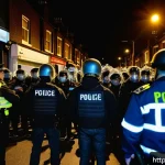 Home 18 2011년 런던 폭동 원인 - A tense urban street scene in Tottenham, London, at dusk, showing a diverse group of young people ga...