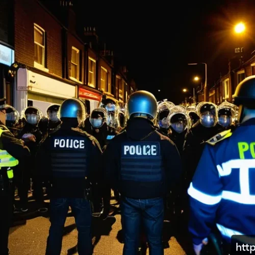 Home 30 2011년 런던 폭동 원인 - A tense urban street scene in Tottenham, London, at dusk, showing a diverse group of young people ga...