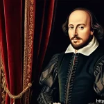 Home 23 영국 유명 인물 - A detailed portrait of William Shakespeare in Elizabethan attire, standing in a classic English thea...