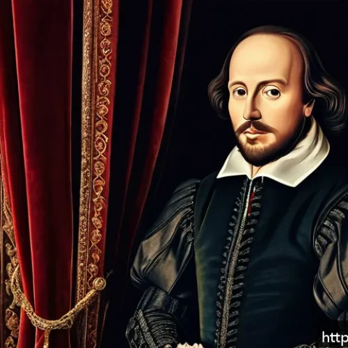 Home 17 영국 유명 인물 - A detailed portrait of William Shakespeare in Elizabethan attire, standing in a classic English thea...