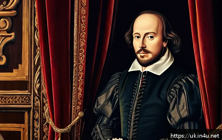영국 유명 인물 - A detailed portrait of William Shakespeare in Elizabethan attire, standing in a classic English thea...