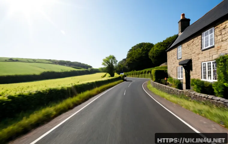 영국의 좌측통행 운전법 - Photorealistic wide-angle view from inside a right-hand-drive car traveling on the left side of a qu...