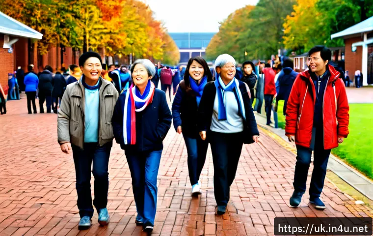 Home 17 영국 축구 클럽 팬 문화 - Photorealistic scene of multigenerational British football supporters walking toward a historic stad...
