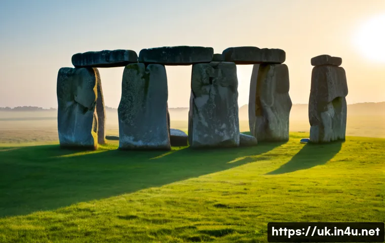 Home 17 스톤헨지 미스터리 - Photorealistic wide-angle view of Stonehenge at dawn, massive weathered standing stones arranged in ...